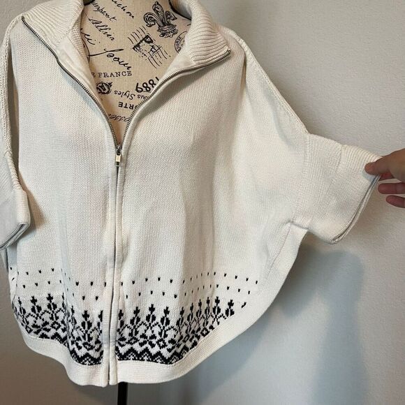 Talbots Poncho Sweater Womens MIvory Full Zip Knit Cotton Geomteric nordic style - Picture 2 of 10